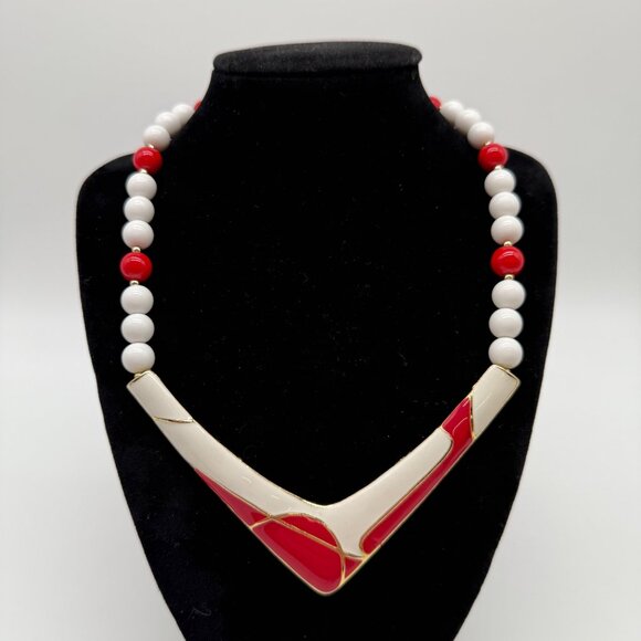 Jewelry - Vintage Red & White Enamel Beaded Necklace With Gold-Tone V-Shaped